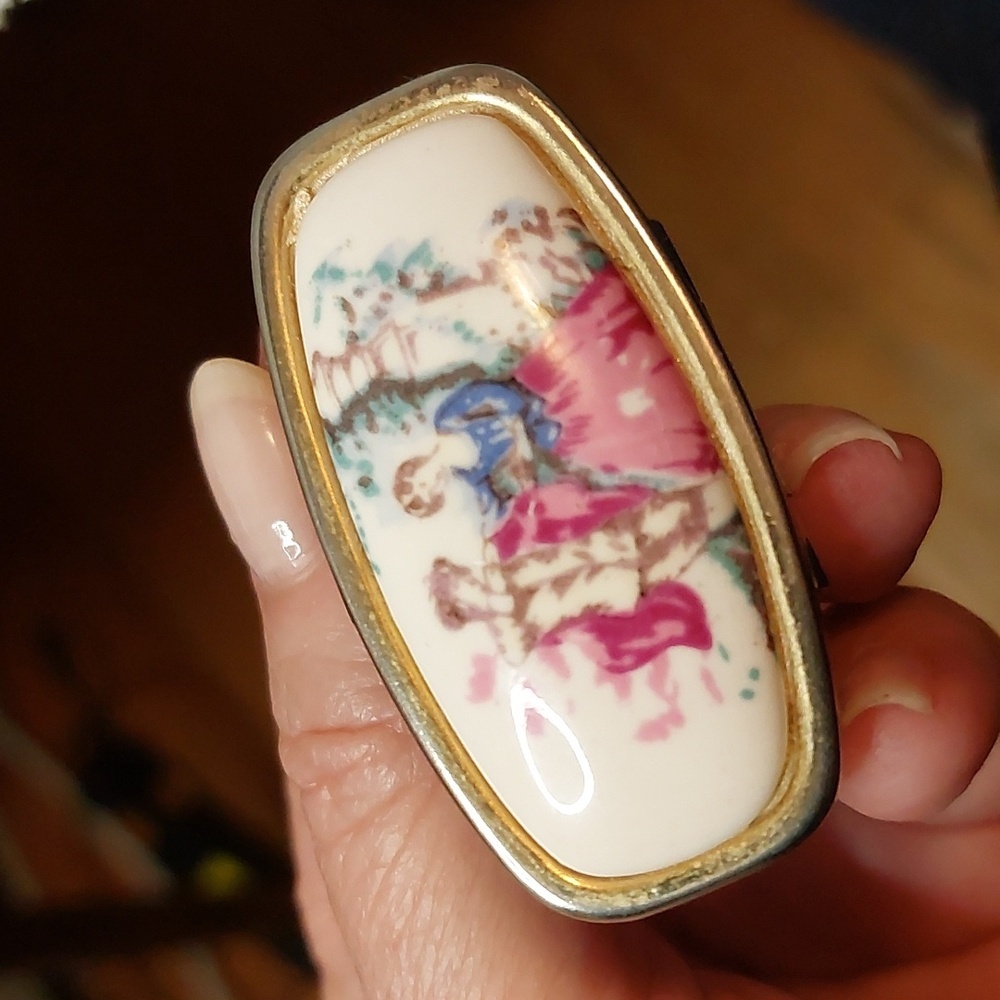 Vintage Porcelain Lipstick & Mirror Case with Pink and Blue Scenic Motif